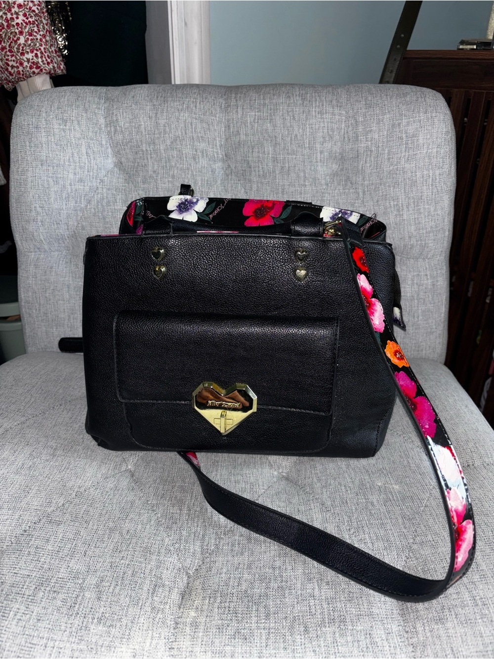 Betsey Johnson Black Crossbody Bag with Floral Strap